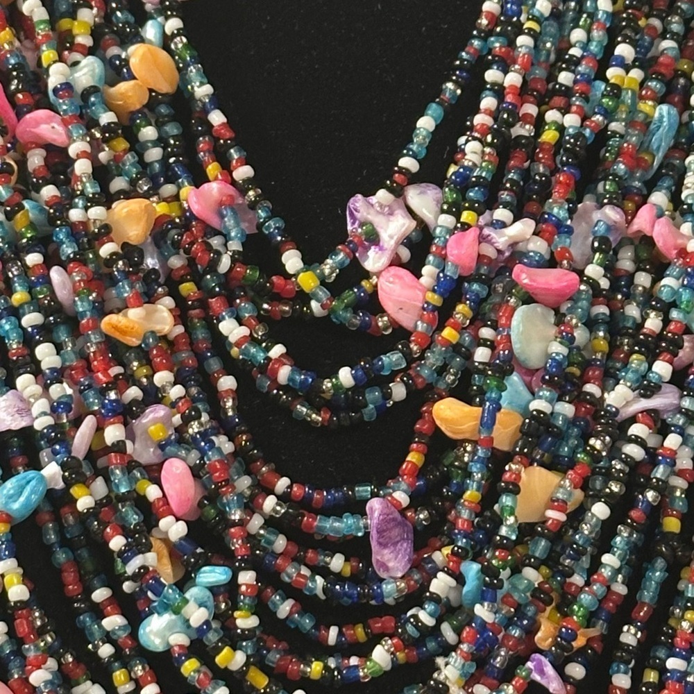 Multi-strand Shells & Seed Beads Multicolored Bib Necklace Layered Bright Pastel - Picture 6 of 15